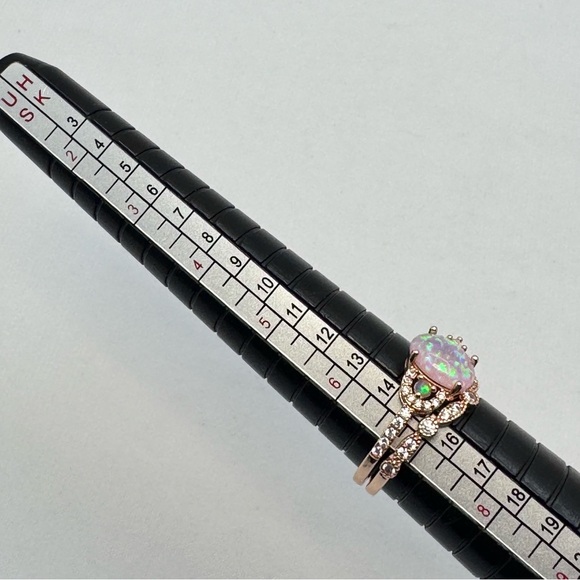 New Pink Faux Opal Diamond White CZ Rose Gold Ring Set Vintage Style Art Deco - Picture 5 of 6